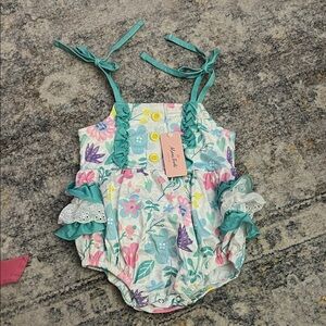 Floral Kids One Piece by Nannette - Teal and White
